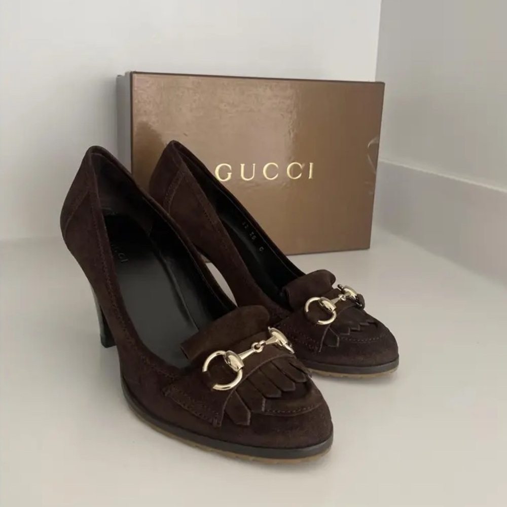 Gucci women’s brown suede high heels shoes, Size EU 39, US 8